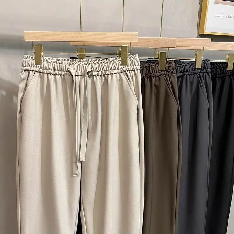 

Spring Summer New Men's Casual Pants Baggy Straight Wide Leg Pants Korean Solid Color Drawstring Male Trousers Trendy Brand