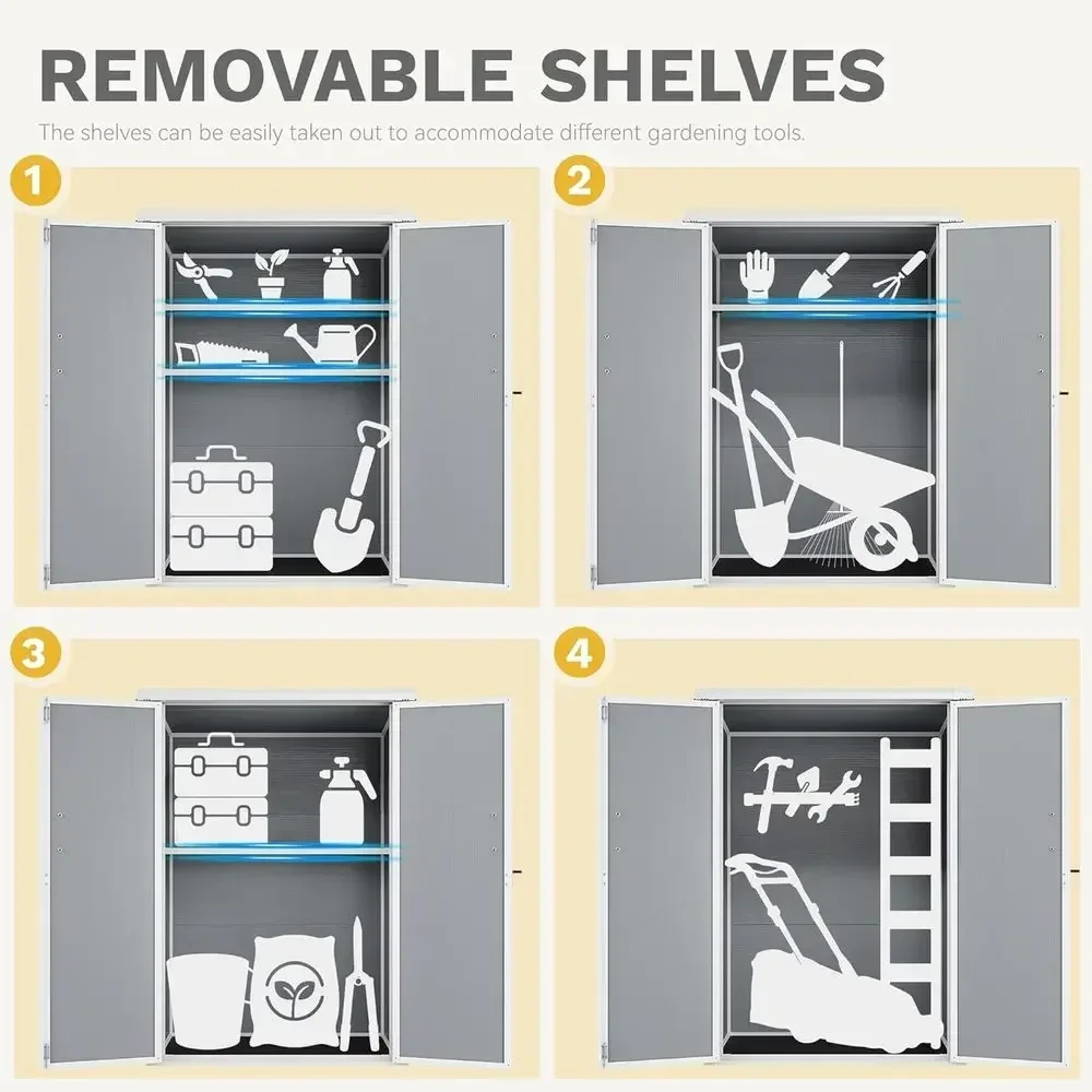 50 Gallon Outdoor Tall Storage Shed with 2 Shelves, 4.3x2x5.5ft Tool Shed with Floor & Lockable Door, Durable Double-Wall Plasti