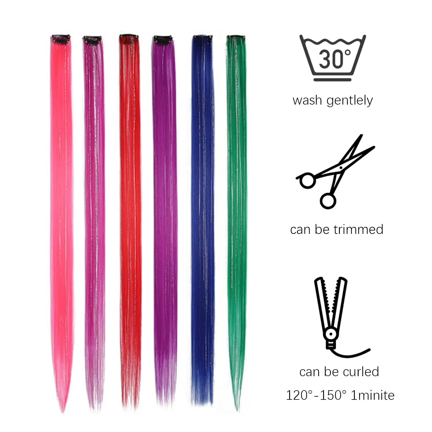 Synthetische Clip-in-Haarverlängerungen für Mädchen, 55,9 cm, mehrfarbig, 6 Stück/Packung, Regenbogen-glattes Haar, synthetische Haarteile – Detail 2