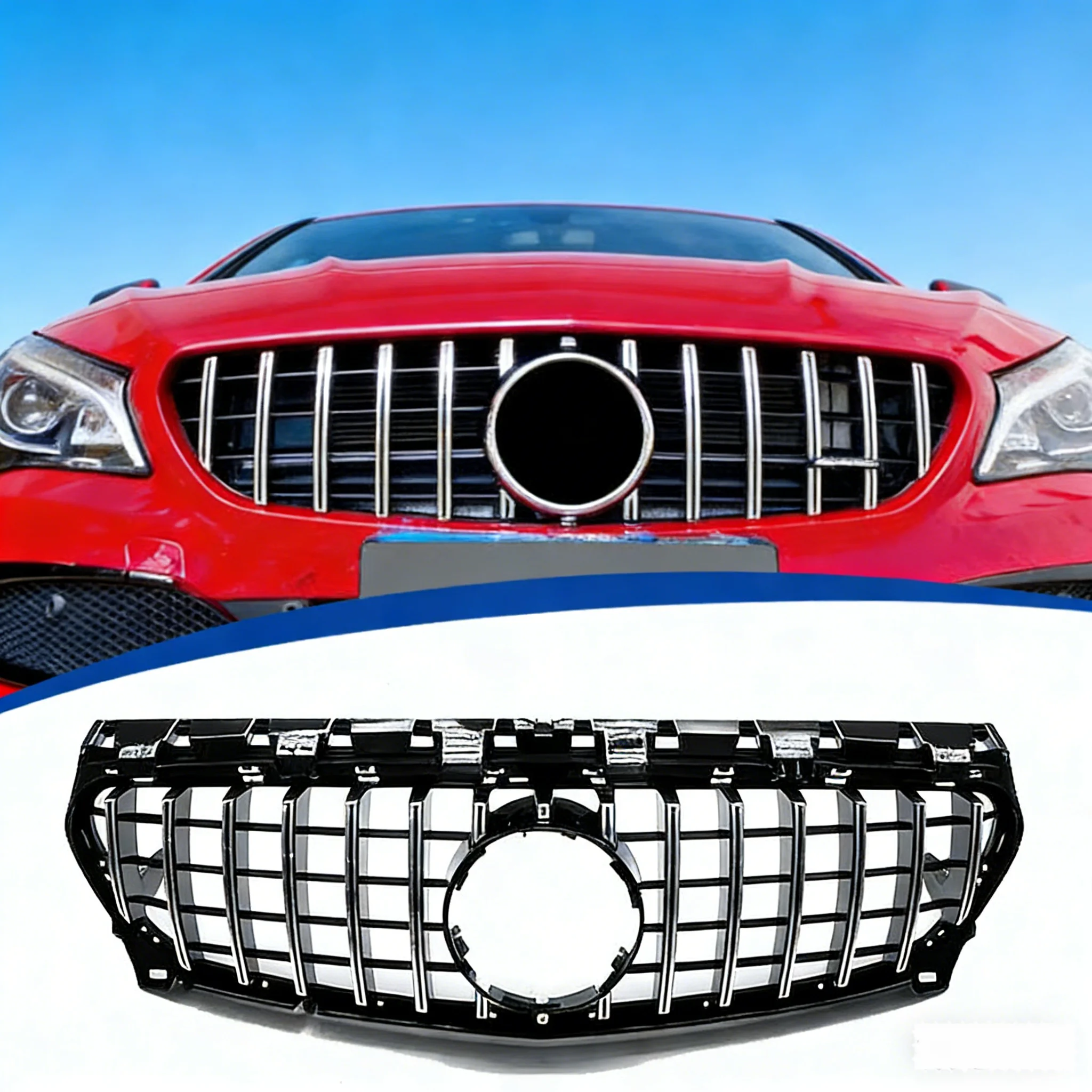 

Для Mercedes-Benz CLA-класса W117 (2013-2019) CLA180 CLA200 CLA250: Передняя решетка радиатора в стиле GT, серебристо-черная, верхняя, сетчатая, для бампера/капота