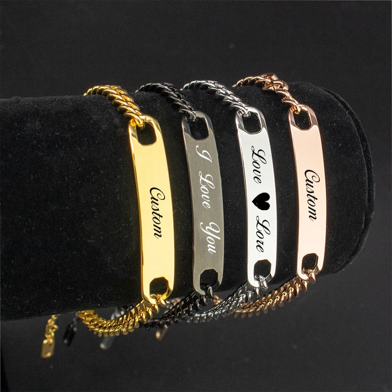 

Custom Engrave Name Bracelets Gold Color Stainless Steel Thick Hand Chain Customized ID Bracelets Couple Men Women Jewelry Gift