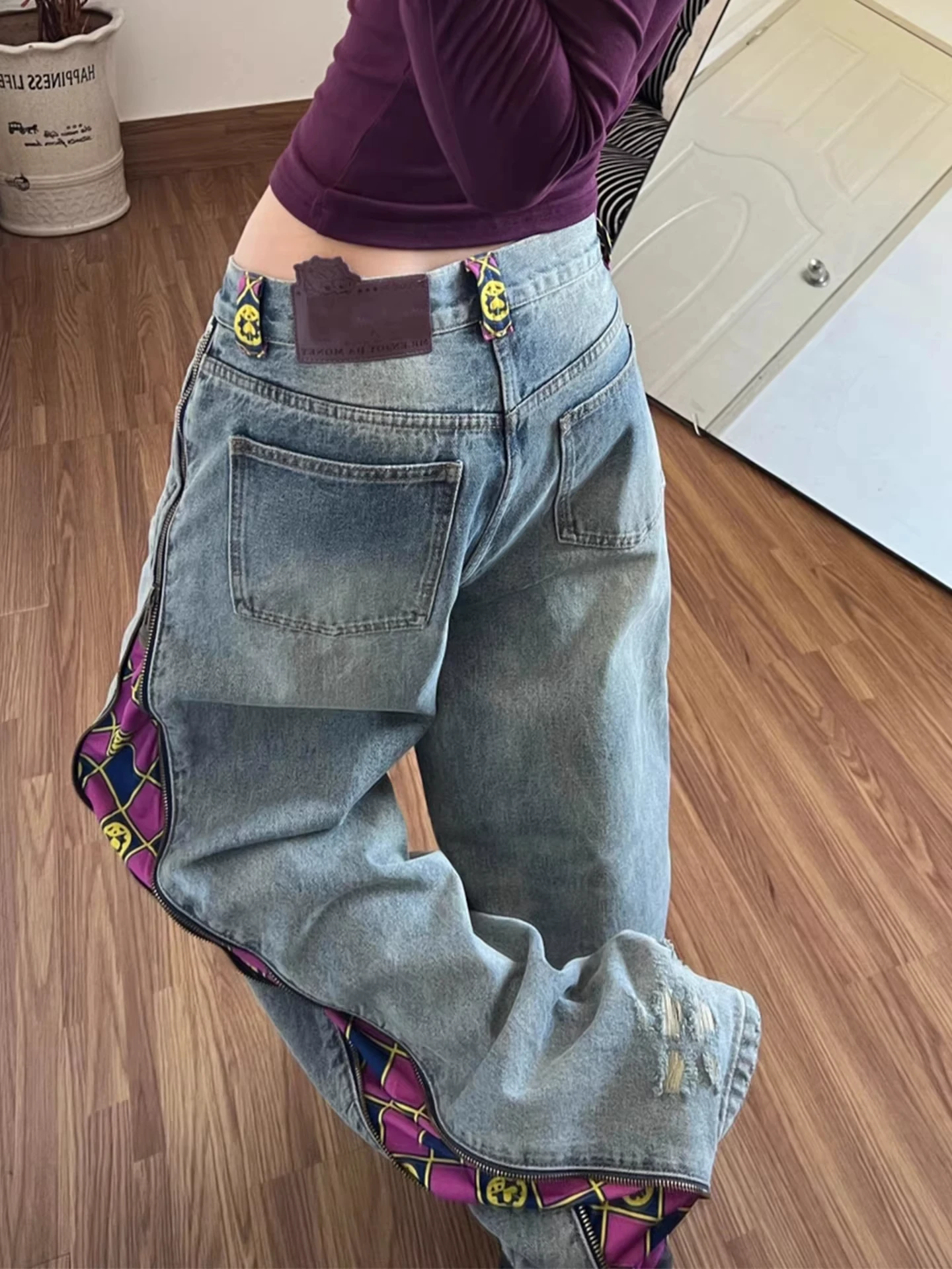 American Retro Design Zipper Splicing Fun Jeans Men's Women's Cleanfit Loose Wide Leg Pants Floor-Length Pants