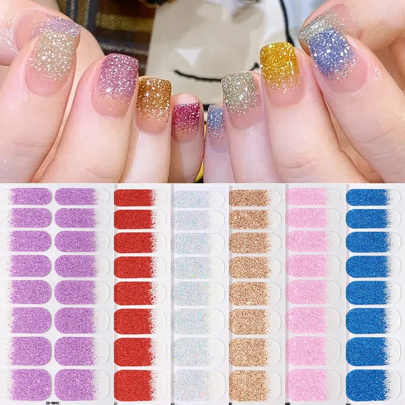 16tips Colorful Shiny Nail Sticker Solid Color Gradient Fine Glitter Full Cover Nail Wraps Decals DIY Nail Art Stickers