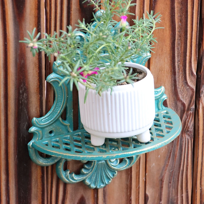 Vintage Cast Iron Wall Mounted Display Shelf In Gold Green Rustic Colors For Home Garden Planter Figurines Storage Holder Heavy 3