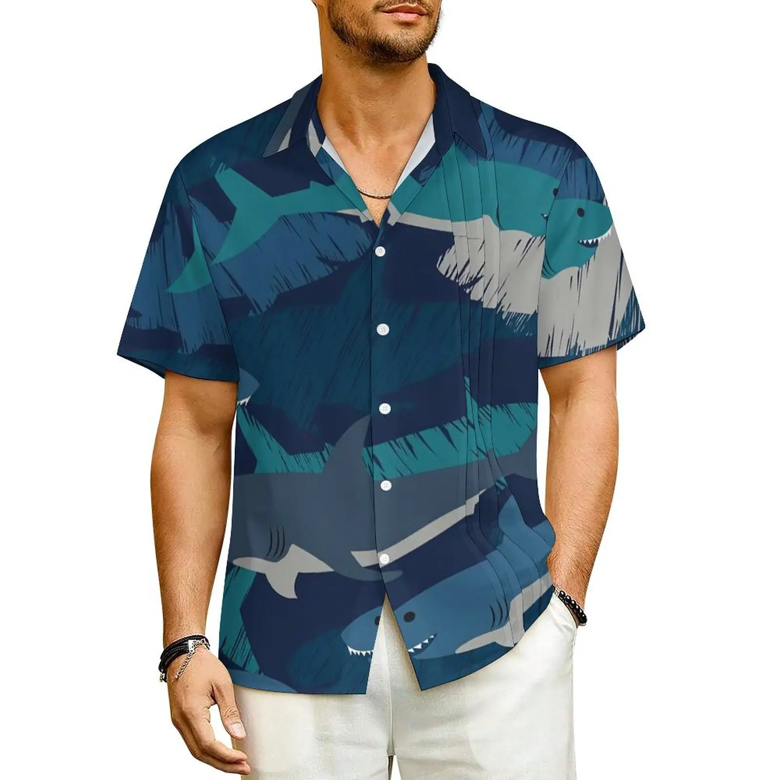 

Shark Print Beach Shirt Abstract Sharks Design Hawaiian Casual Shirts Male Retro Blouses Short Sleeve Y2K Street Graphic Tops