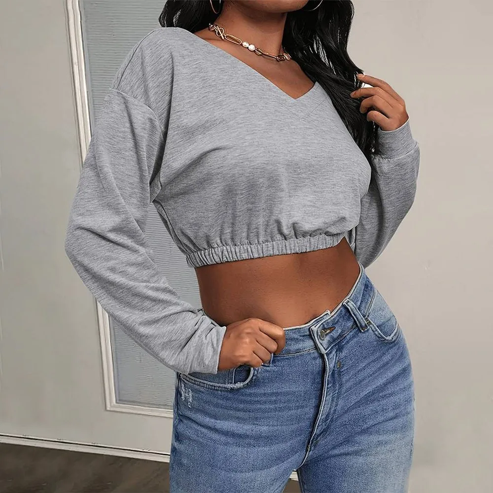 Sexy V-Neck Short Sweatshirt Casual Sporty Fashion Cross-Border Women's Top Cotton Long Sleeve Pure Color Slim Fit T-Shirt
