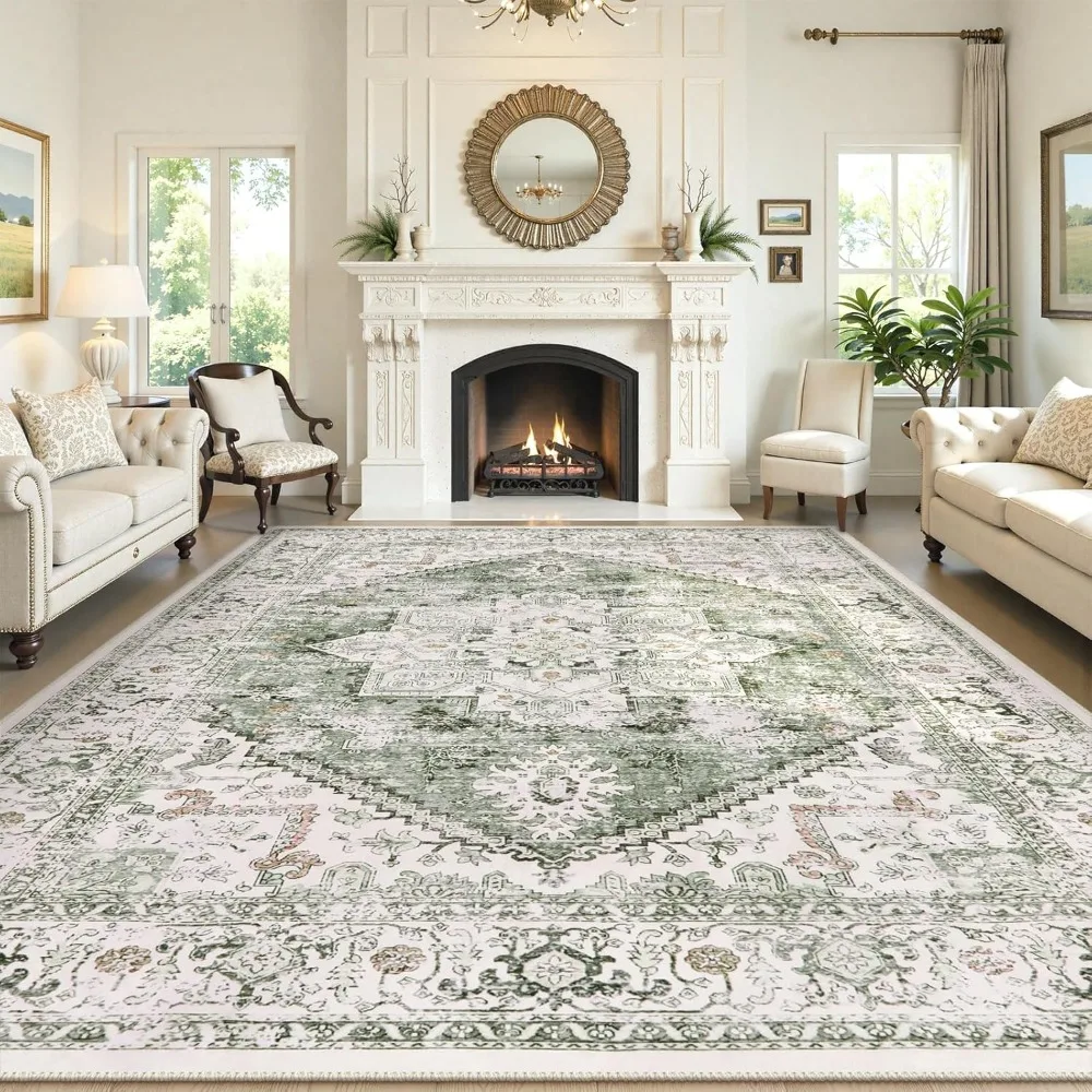 

Green 10x14 Area Rugs, Soft Extra Large Area Rug For Living Room Low Pile Non Slip Boho Rug, Non Shedding Indoor Carpet