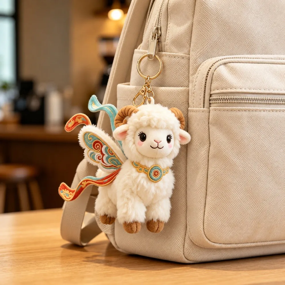 Cute Mini Plush Doll Keychain Soft Chinese Style Sheep Pendant Versatile Flying Shape Cartoon Keychain for Keys