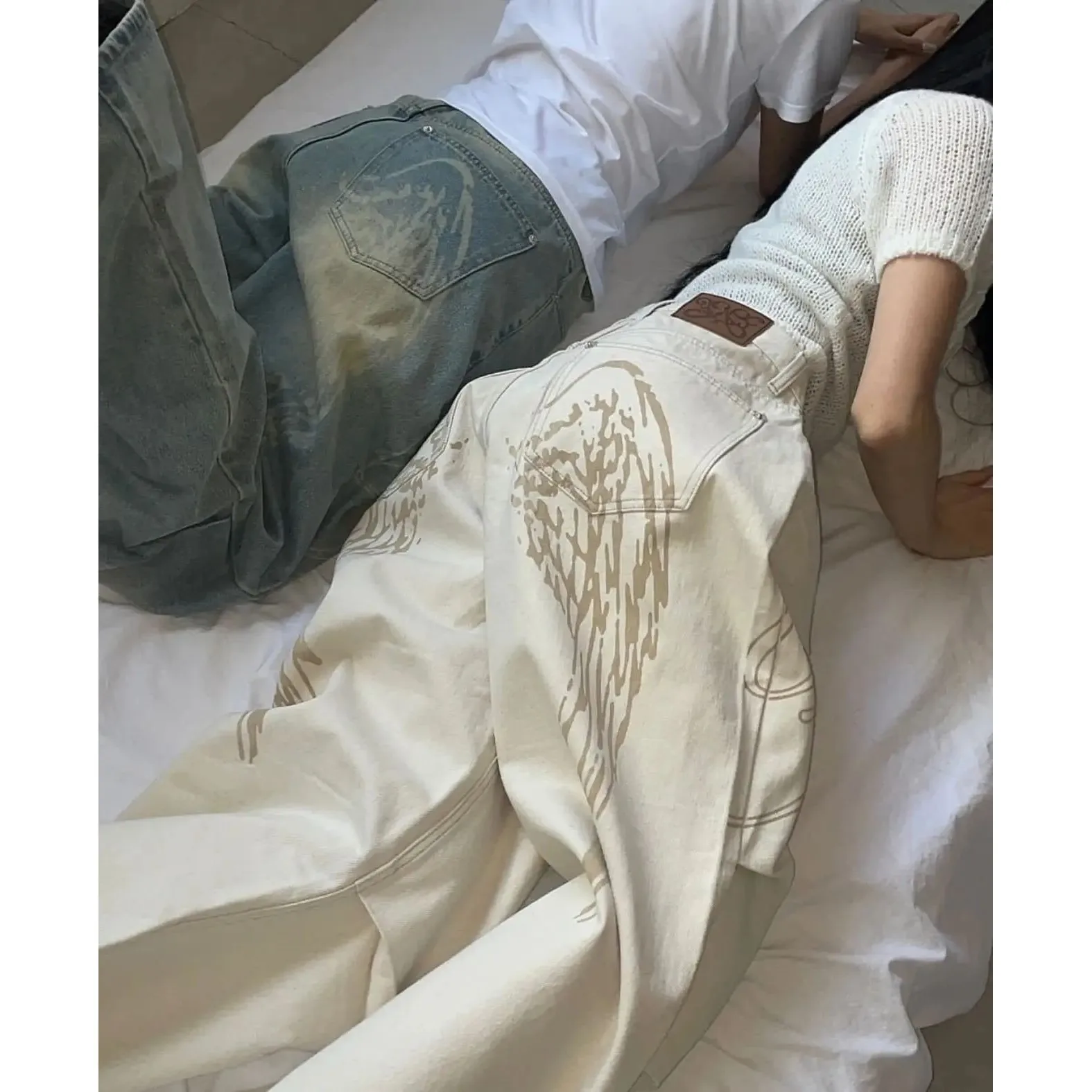 

Light Color Trend Korean Sle Simple Baggy Dring up Ang Jeans Women's Faion Casual Trousers PU Fabric Winter Season