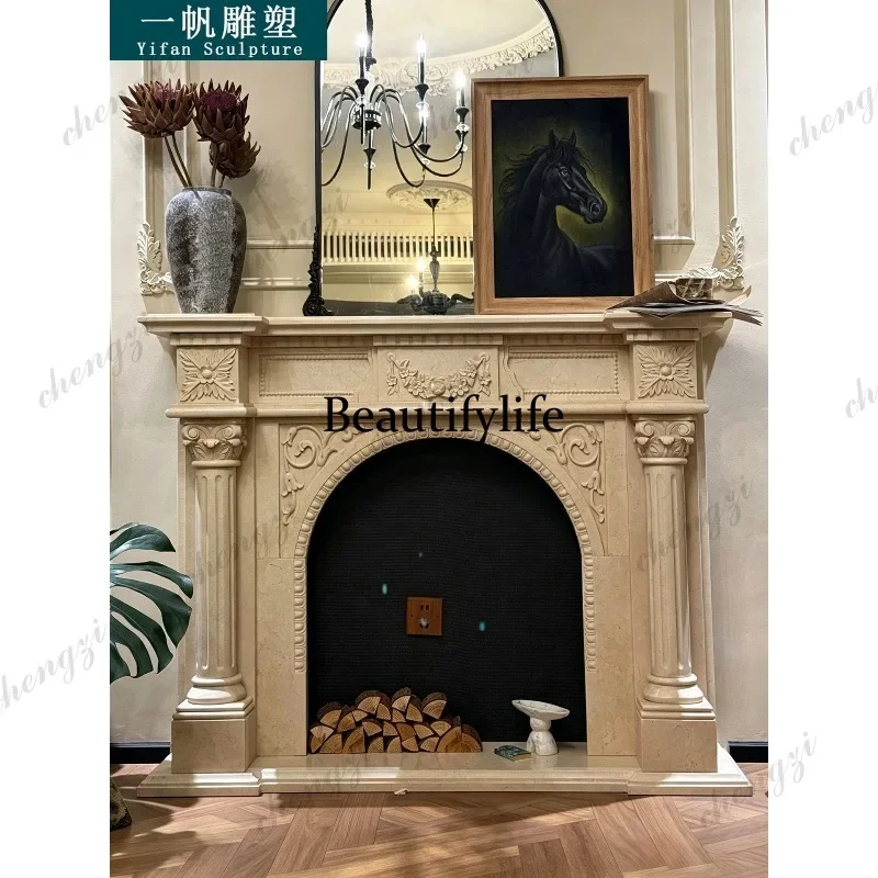 N178 Marble fireplace European retro carved fireplace living room beige stone fireplace decoration