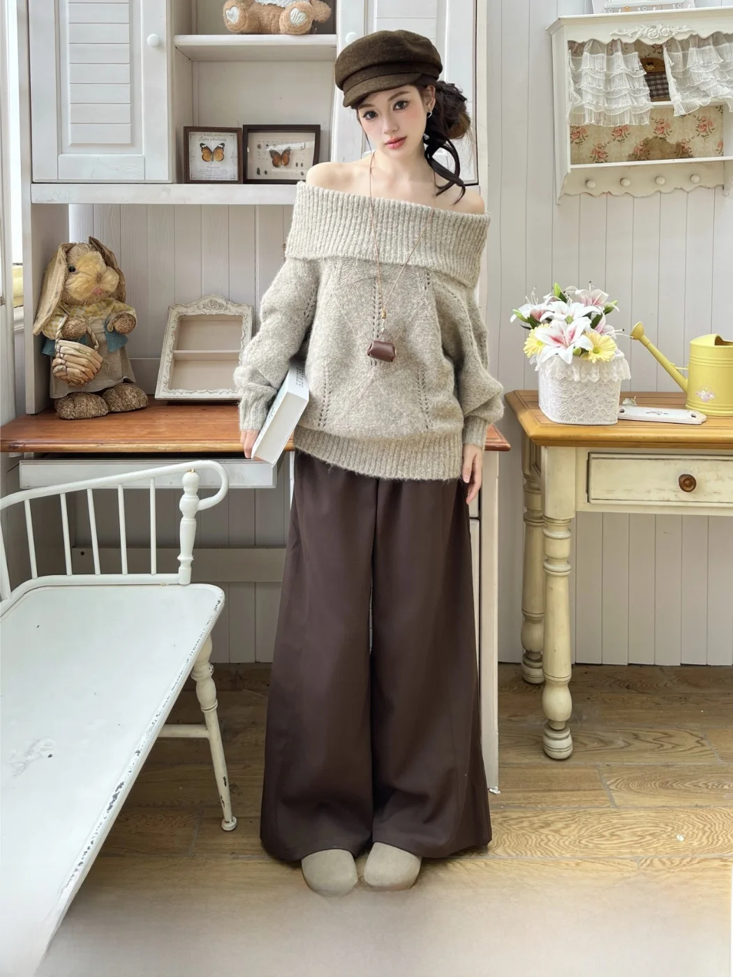 

Вязаный свитер Moxi Autumn Warm Chestnut Lazy One-shoulder Camere: теплый, свободный крой, длинный рукав, для зимы