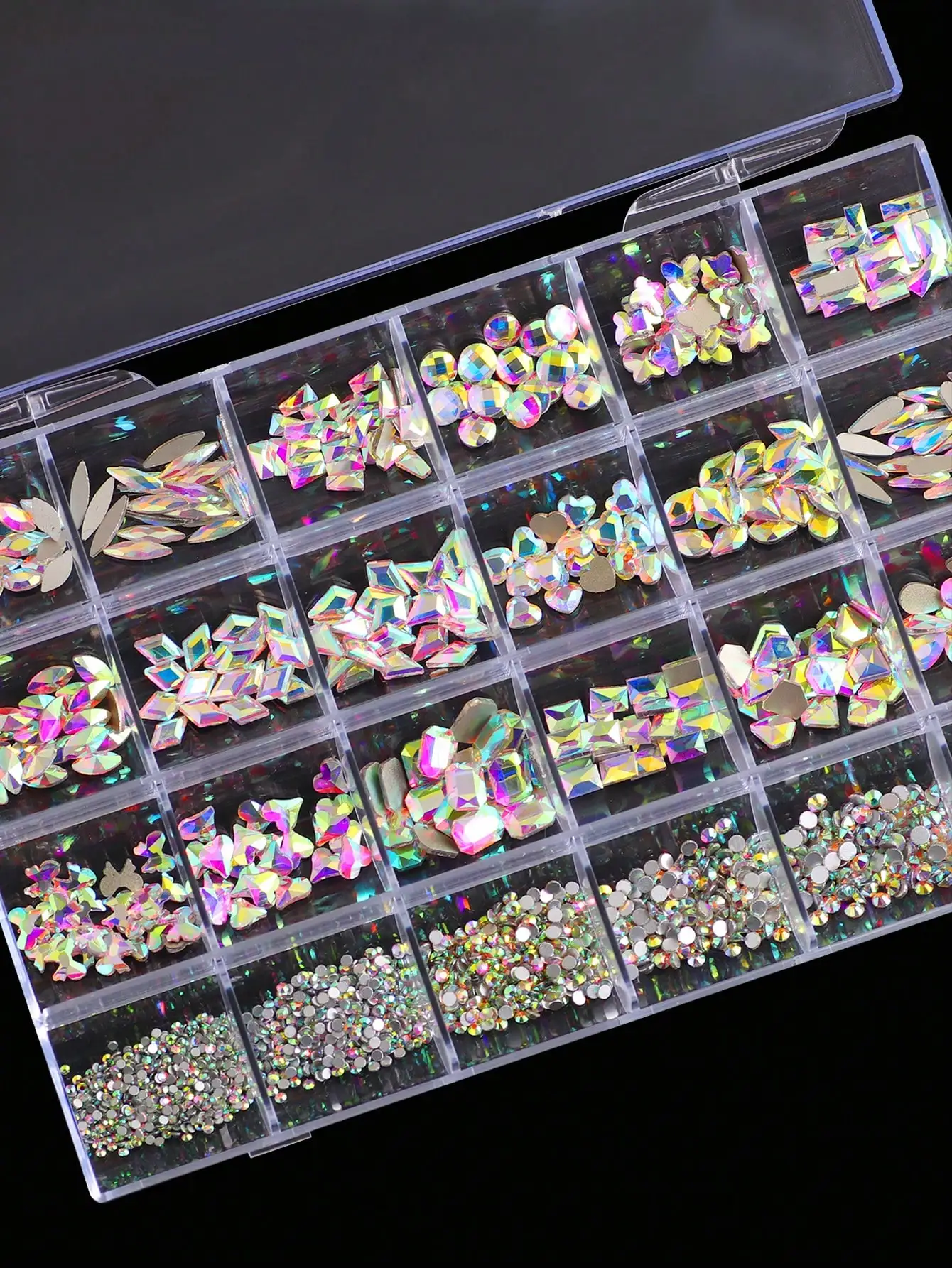 1box 24-Grid Nail Jewelry Box, Nail Accessories, Nail Decoration Tips, DIY Nail Art Mixed With Nails, Rhinestones, Flat Nails, Nail Polish, Galaxy Diamonds, Galaxy Glass Diamonds, Small Round Diamonds, With Pickup Pen