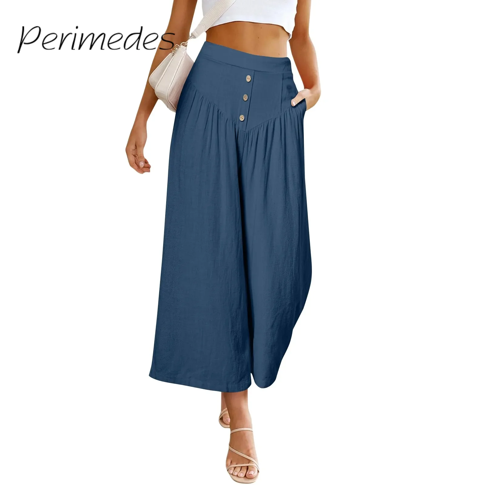 

Summer New Wide Leg Pants Casual Comfortable Trousers Button High Waist Graceful Solid Color Loose 2024 Ninth Pants Fashionable