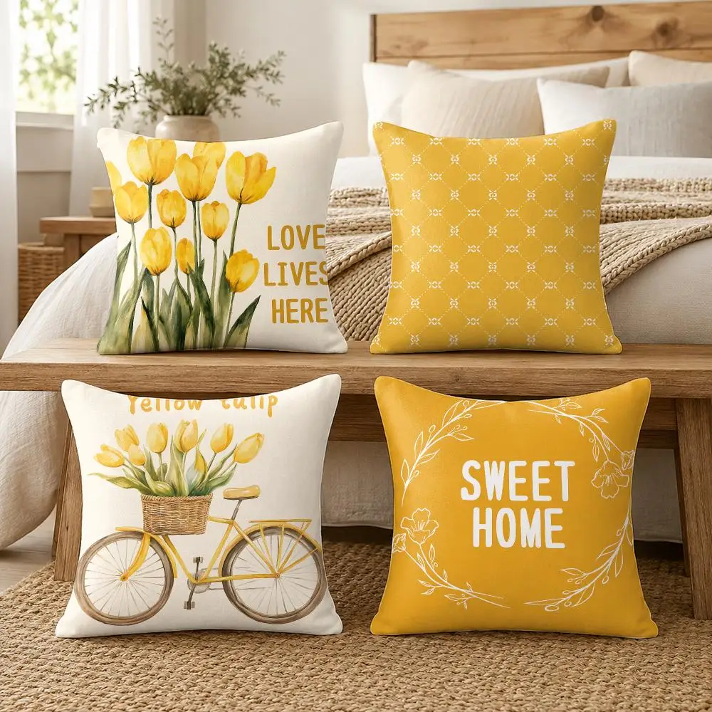 Warm Yellow Tulips Cushion Cover Silky Short Plush Invisible Zipper Dustproof Sofa Pillow Case For Home Decor