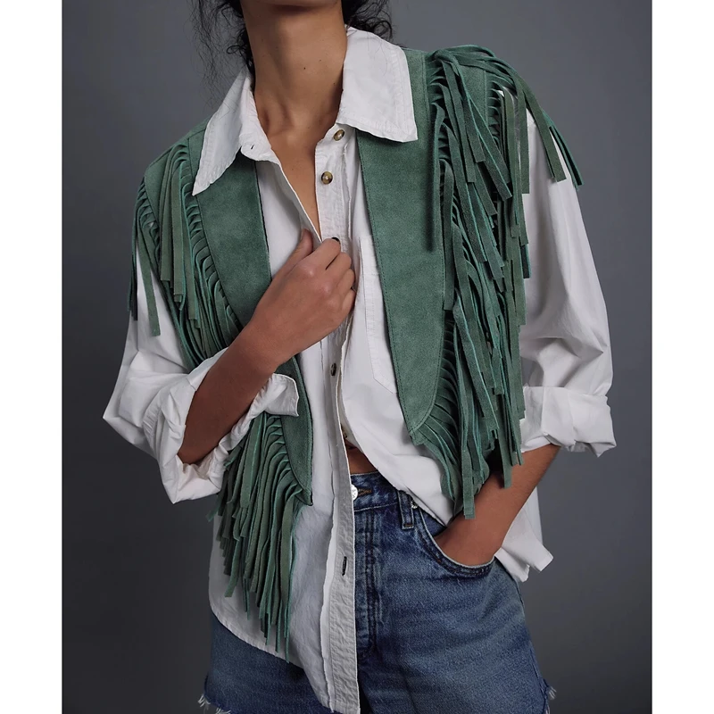 Women's Y2k Vintage Suede Vest Coat 70s Hippie Outfits Sleeveless Open Front Jacket Tassel Patchwork Fringe Vest Collar