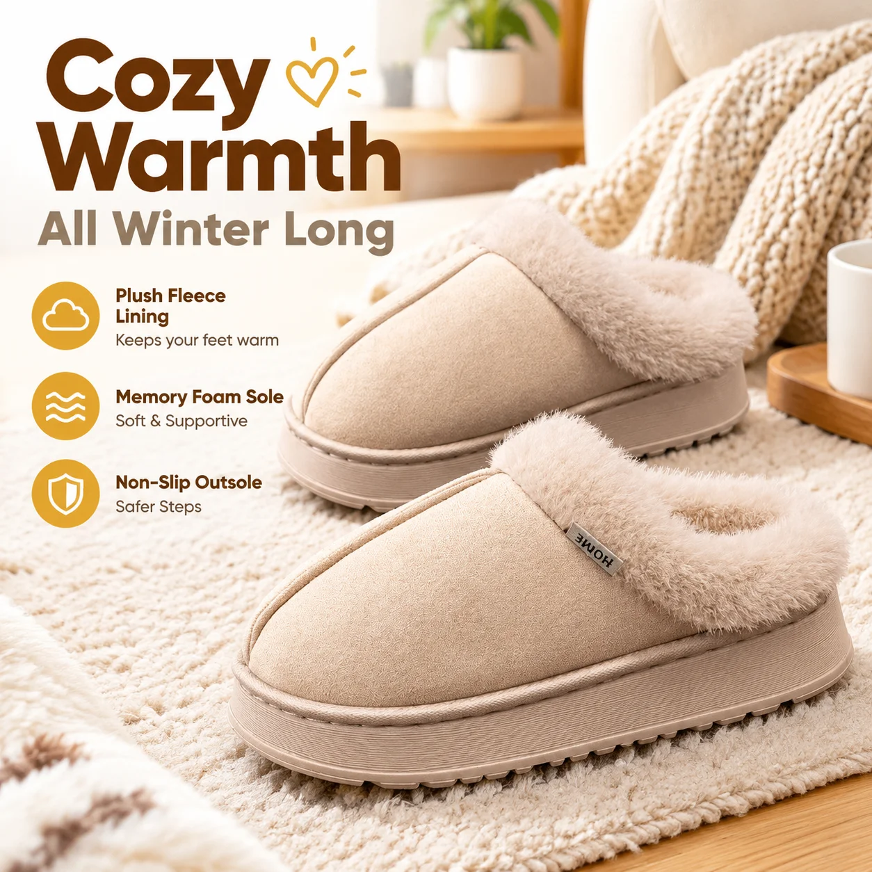 Winter Slippers for Women with Memory Foam Sole, Plush Fleece Lining, Non-Slip Indoor House Shoes, Machine Washable