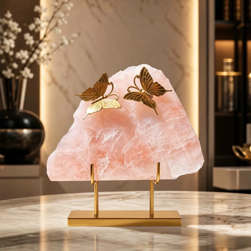 Natural Pink Crystal Butterfly Desktop Decoration Luxury Home Decor Living Room Entrance Wine Cabinet Art Ornament High-end Gift
