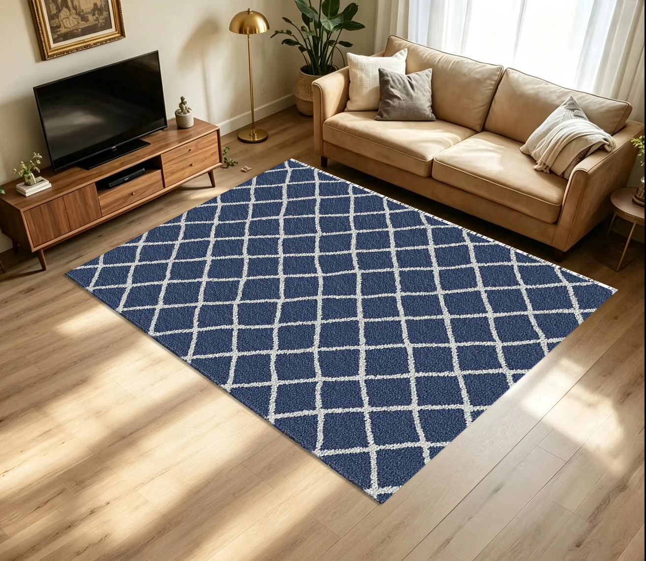 Navy Blue White Rhombus Lattice Carpet Flooring Classic Simple Diamond Grid Texture Seamless Pattern Printed Floor Rug for Household Indoor Minimalist Home Decor