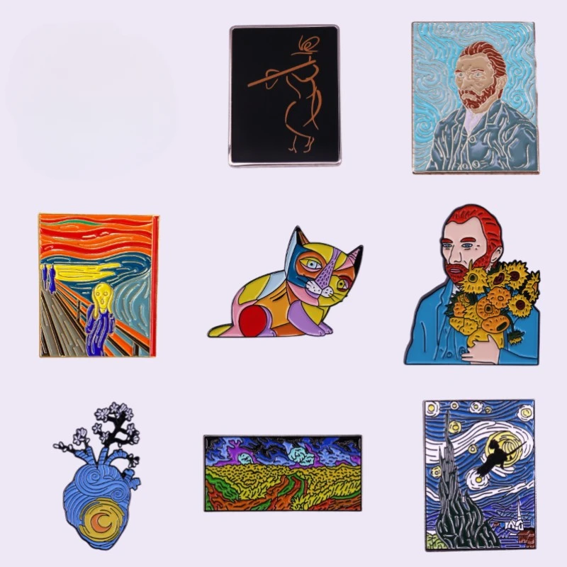クラシックアートフィギュア,ゴッホハートオイル,エナメルピン,メタルピン,衣類バックパックカラー,バッジ,ピンギフト