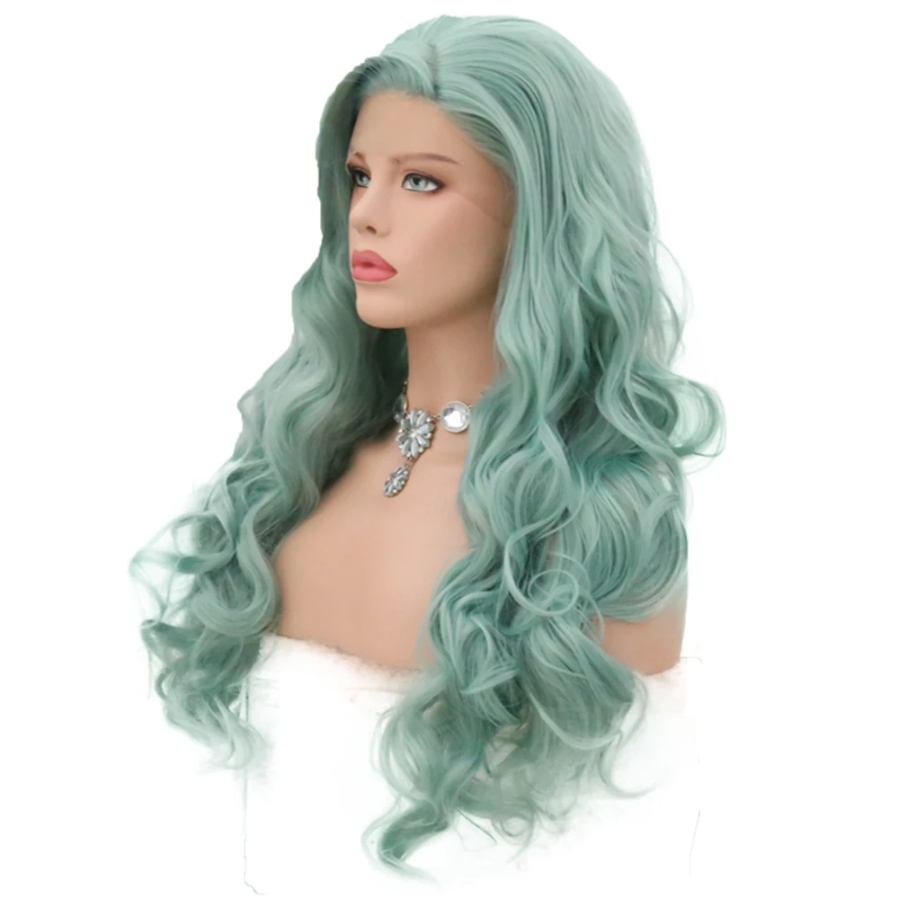 RONGDUOYI Green Wig Long Body Wave Lace Front Wig For Women Natural Hairline Side Part Lace Wig Heat Resistant Hair Daily