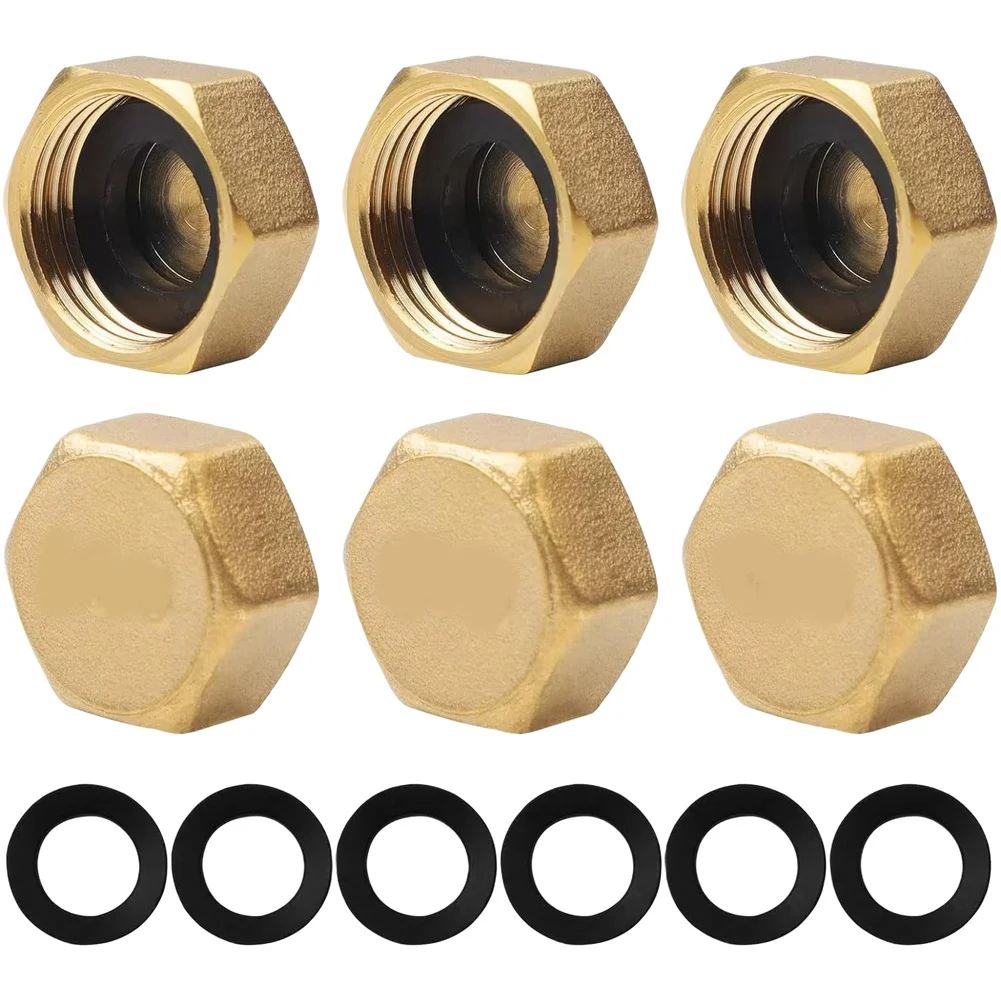 Brass Hexagonal Pipe Cap Set 6 Pieces Threaded Fittings for Garden Hose and Valves Compatible with 1 2 3 8 3 4 Inch