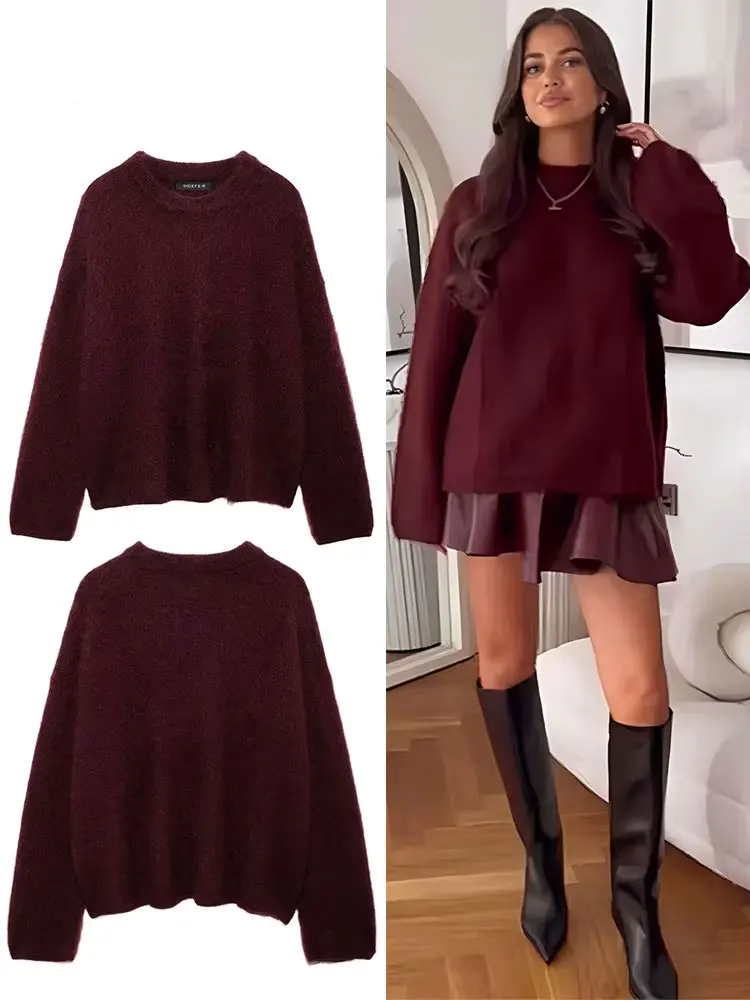 

Autumn Women Fashion Burfundy Red Sweater O Neck Long Sleeves Loose Tops Female Chic Elegant Wild Woman Pullover Trendy