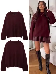 Autumn Women Fashion Burfundy Red Sweater O Neck Long Sleeves Loose Tops Female Chic Elegant Wild Woman Pullover Trendy