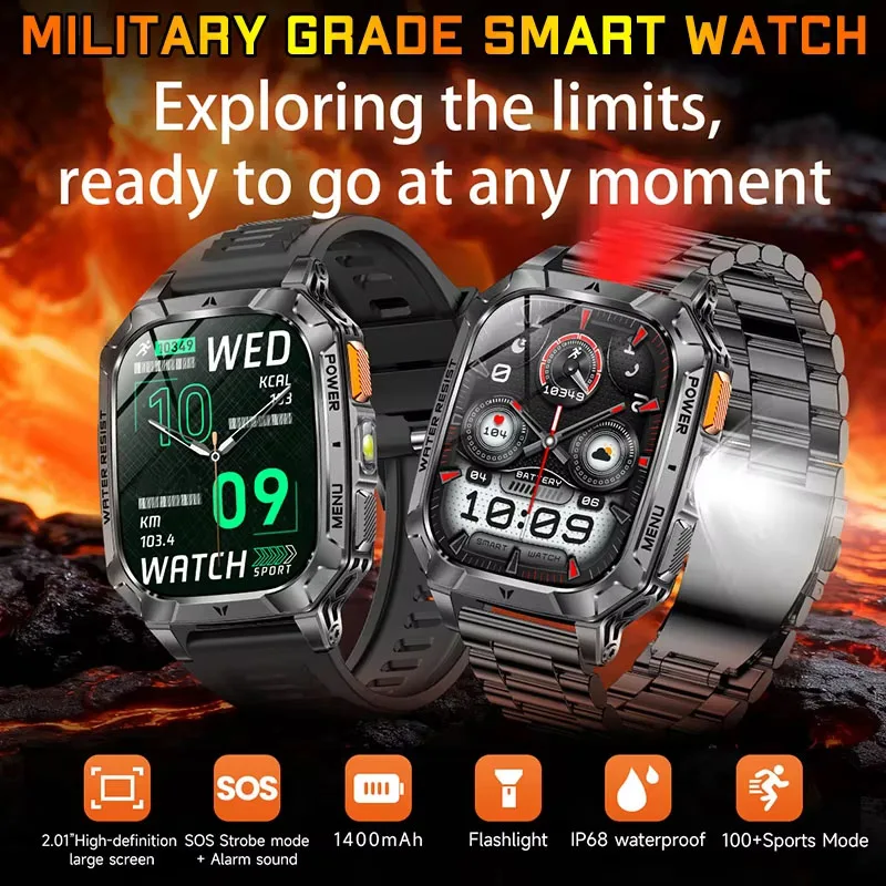 2026 New Hot flashlight Men Smartwatch Compass 1400 mAh BT call GPS fitness IP68 Waterproof Fashion Smartwatch For holiday Gifts