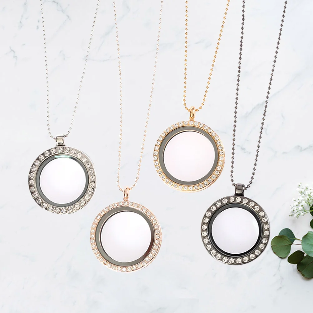 

4Pcs Photo Frame Necklace Alloy Round Rhinestone Inlaid Pendant Creative Picture Frame Photo Holder Decorative Gift Jewelry