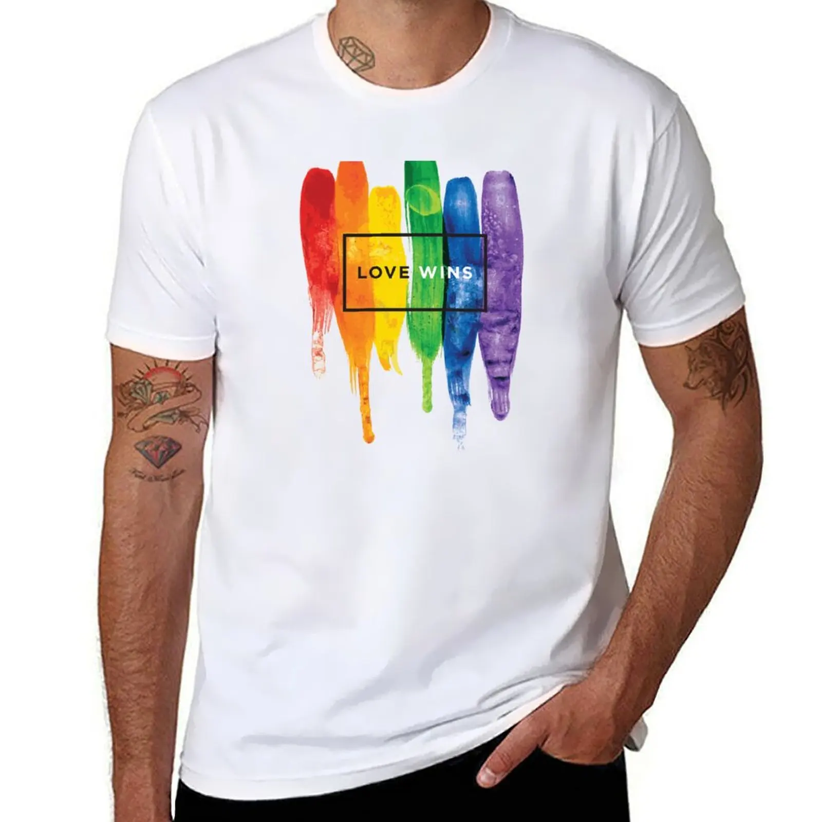 

Watercolor LGBT Love Wins Rainbow Paint Typographic T-Shirt summer top street wear plain black t shirts men