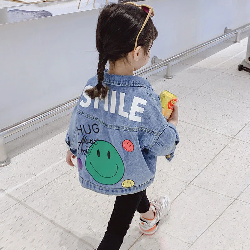 2-10 Years Old Spring Autumn Denim Girls Coat Smile Pattern Full Sleeve Windbreaker For Kids 2023 New Teenager Children Jacket