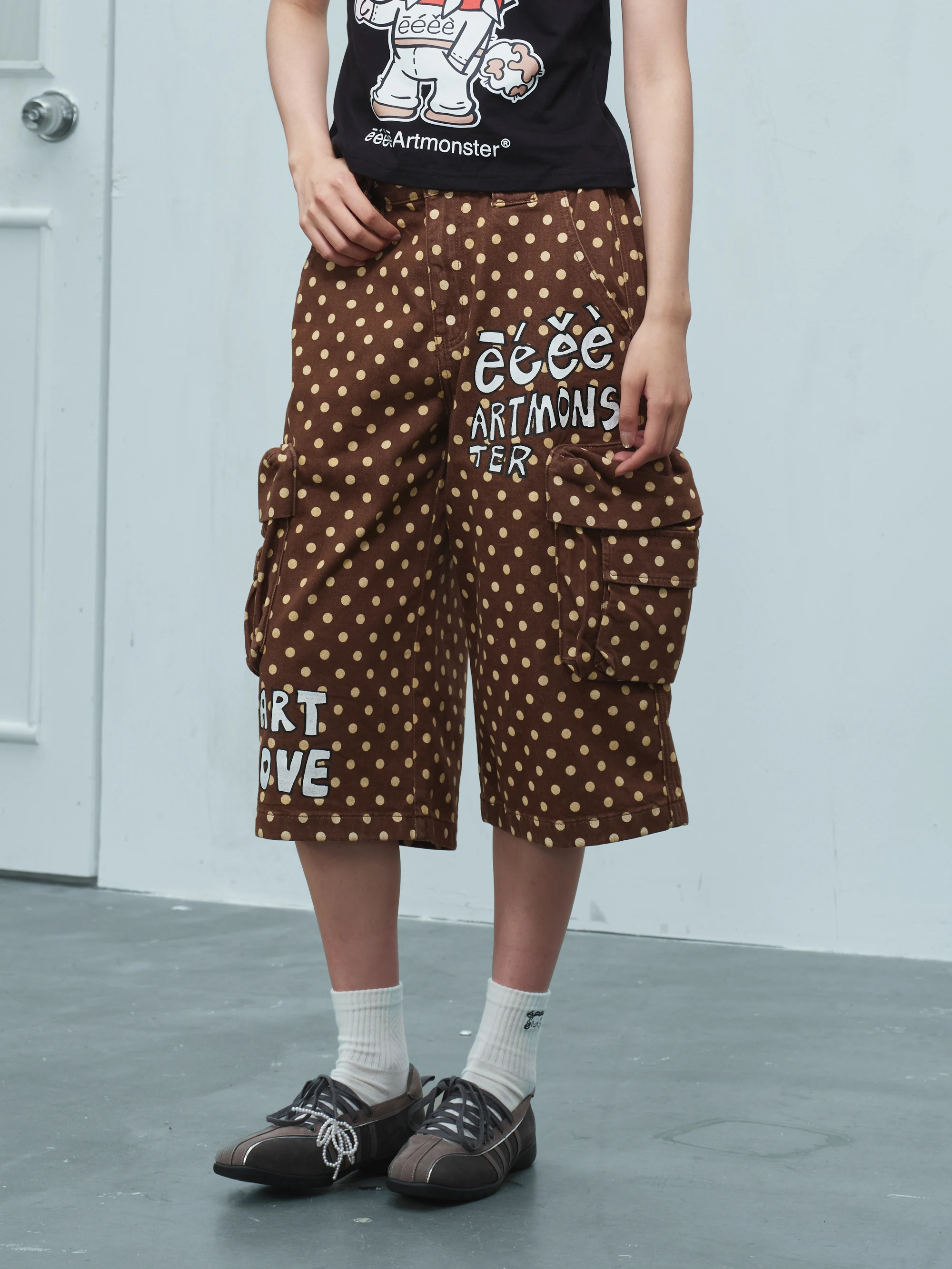 Doodle Style Polka Dot Straight Leg Shorts Letter Print Pocket Workwear Seven Inch Pants Cotton Polyester Spandex Blend