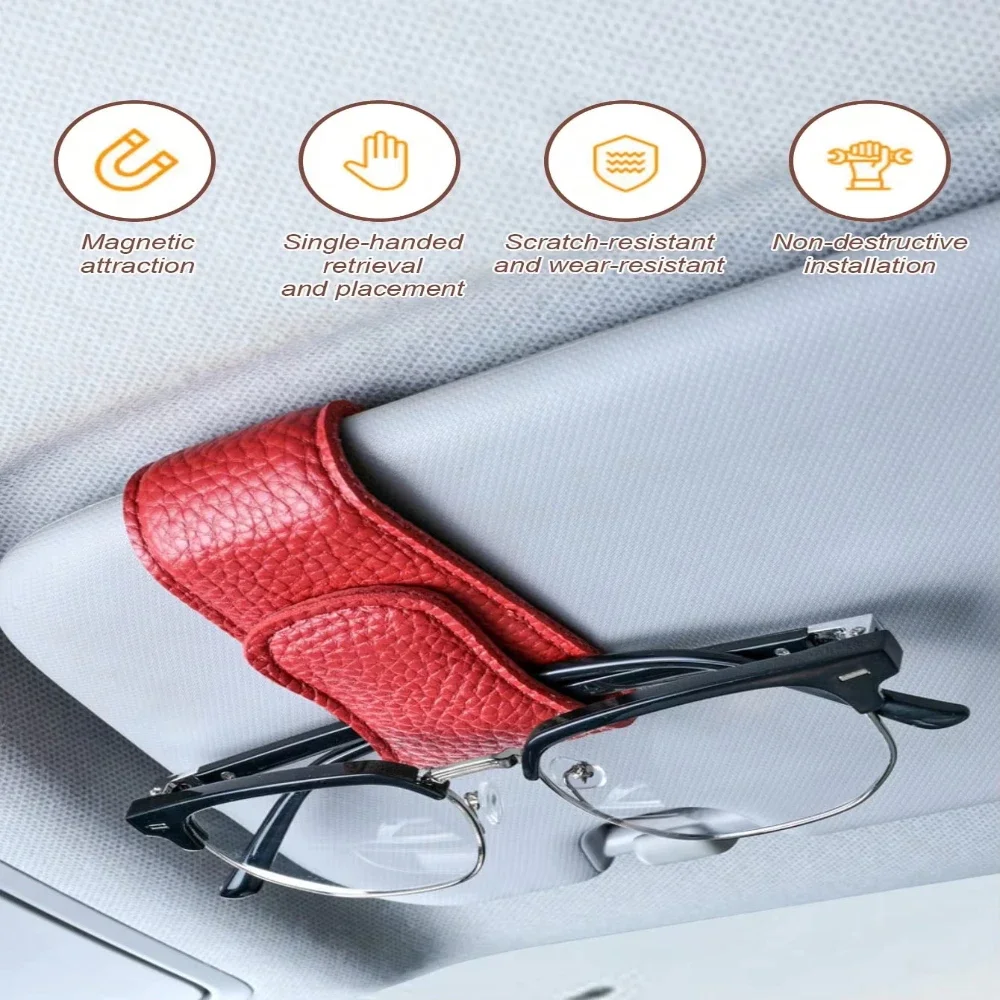 Car Sun Visor Glasses Clip, Magnetic Leather, One-Hand Operation, No-Damage Install, Fits All Vehicles, Eyeglass & Card Holder