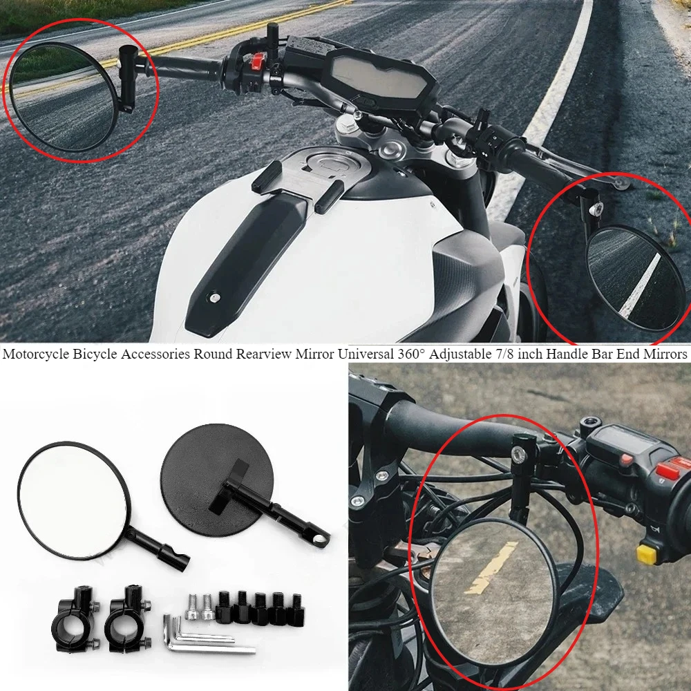 

Motorcycle Bicycle Round Rearview Mirror Universal 360° Adjustable 7/8 inch Handle Bar End Mirrors