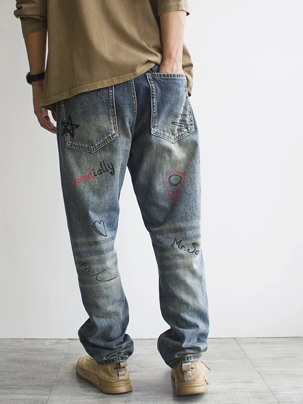 ขนาด 40 พิมพ์ Graffiti ฤดูใบไม้ร่วงผู้ชาย DENIM กางเกงยีนส์ Streetwear ตรงขนาดใหญ่หลวม Fit Stylish กางเกงอเนกประสงค์สําหรับฤดูใบไม้ผลิ