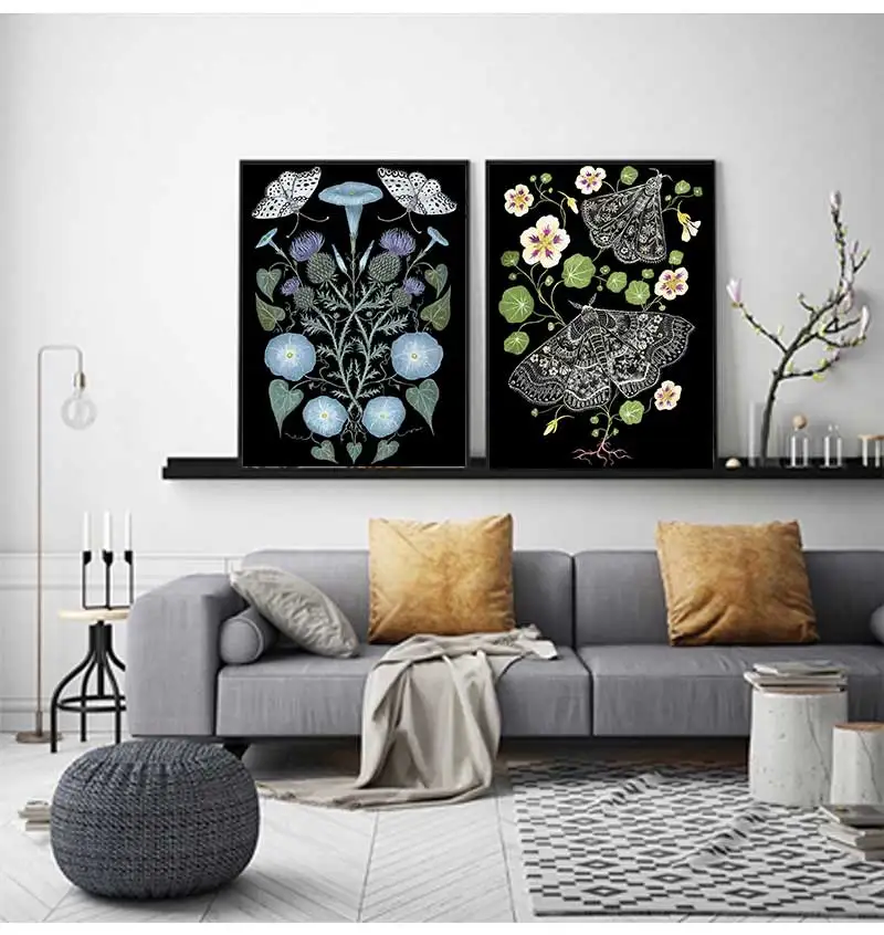 Cat Butterfly Plant Vintage Creature Poster Art Painting Canvas Print Sunflower and Ferns Home Decor Wall Art Picture Frameless