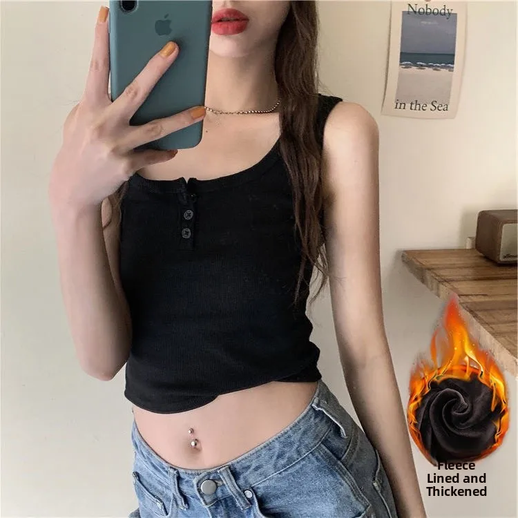 Women's Fleece Lined Thickened Warm Knitted Vest Autumn Winter Inner Wear Pure Color Versatile Strapless Tank Top