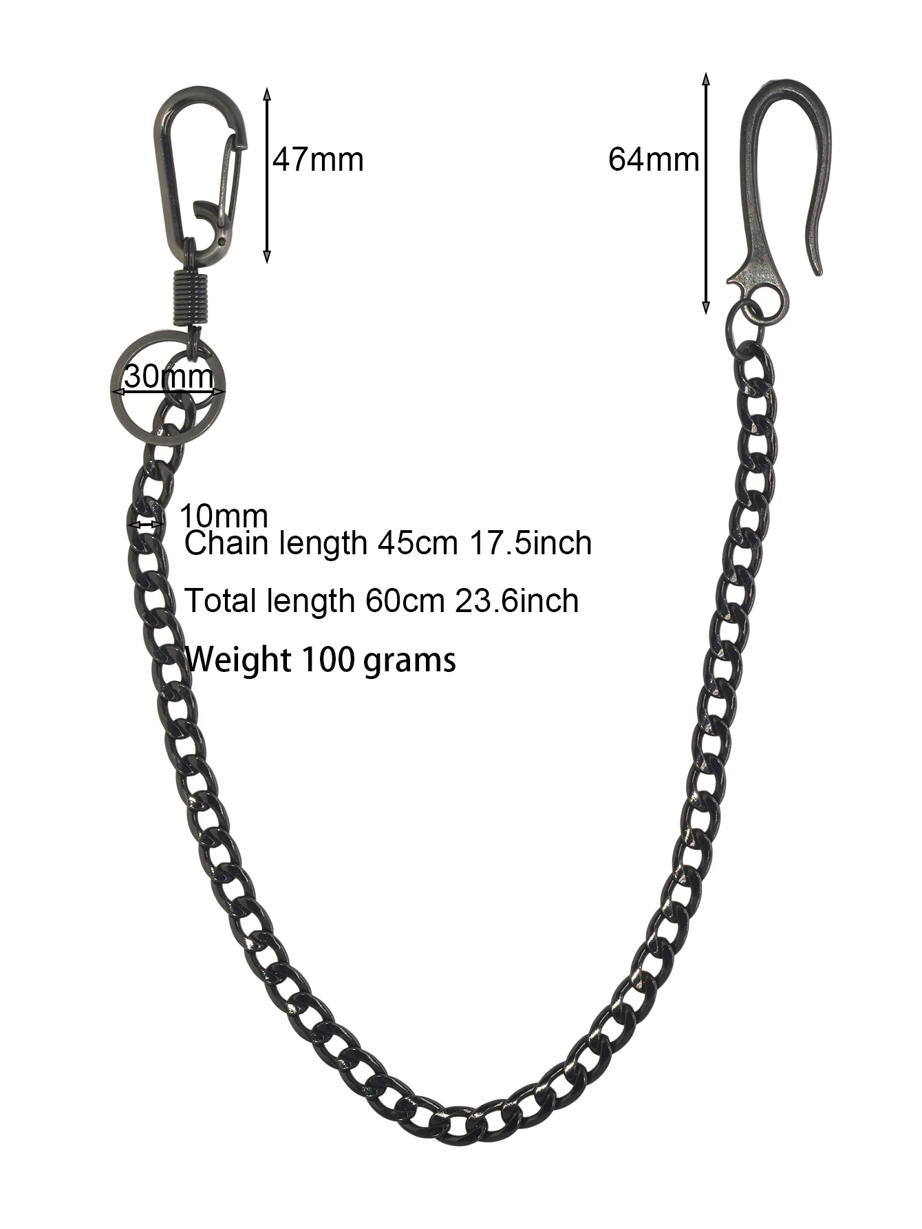 24 Inch long Gunmetal Jeans Wallet Keychain 10mm NK chain Spring Carabiner Buckle Clips Metal U Hook Hip Hop Accessory