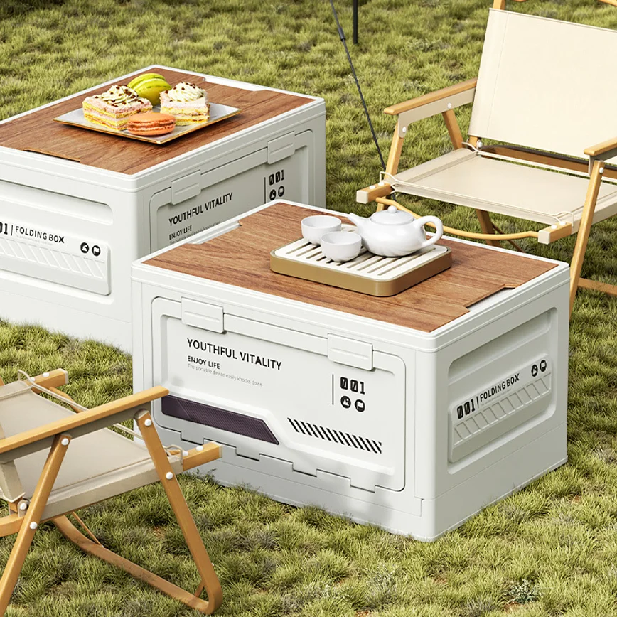 Wooden Lid Folding Storage Box Multifunctional Car Trunk Organizer Outdoor Camping Household Storage Container