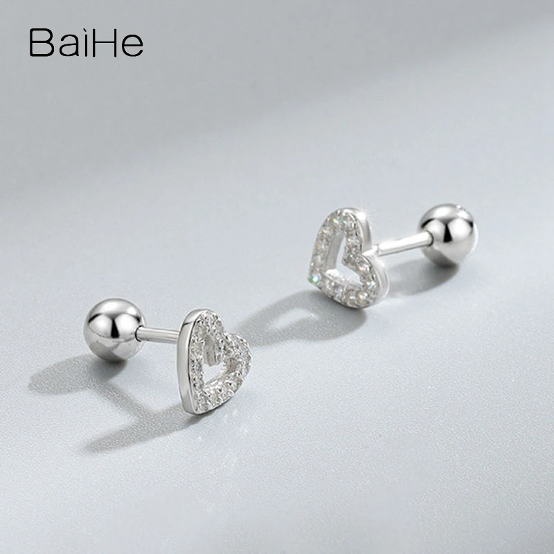 BAIHE Solid 14K White/Yellow/Rose Gold moissanite Heart Stud earrings for women men Trendy Daily wear Fine Jewelry الأقراط