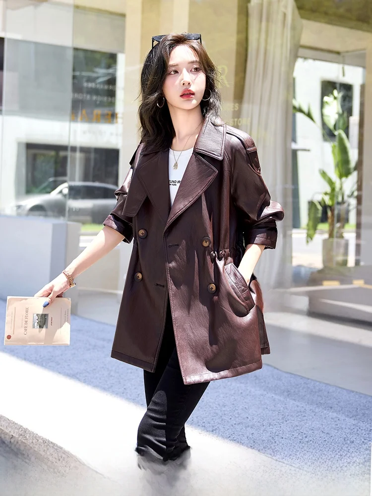 

Women's Slimming Leather Jaet Mid-Length Biker Coat Spring Autumn Lamb Leather Belted Sli Outerwear Commute Sle
