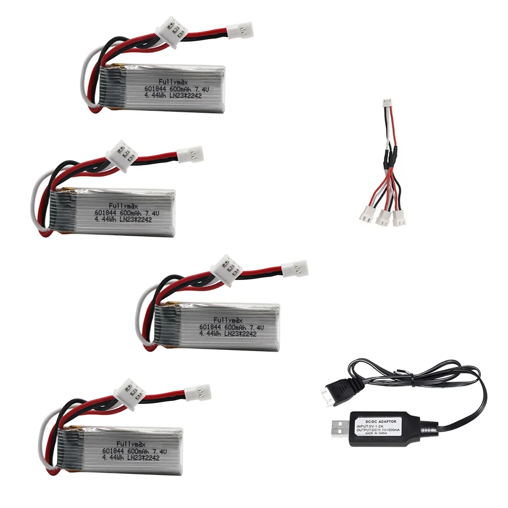 7.4V 600mAh 601844 Lipo Battery with USB charger for WLtoys F959 XK DHC-2 A600 A700 A800 A430 RC Car Parts 7.4v Battery 20C 2S