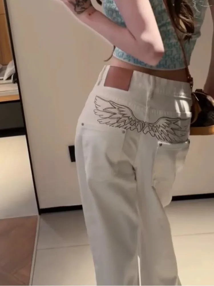 Retro American Embroidered Letter White Jeans Loose All-Match Straight Leg Casual Long Pants Women's Denim Jeans Natural Waist