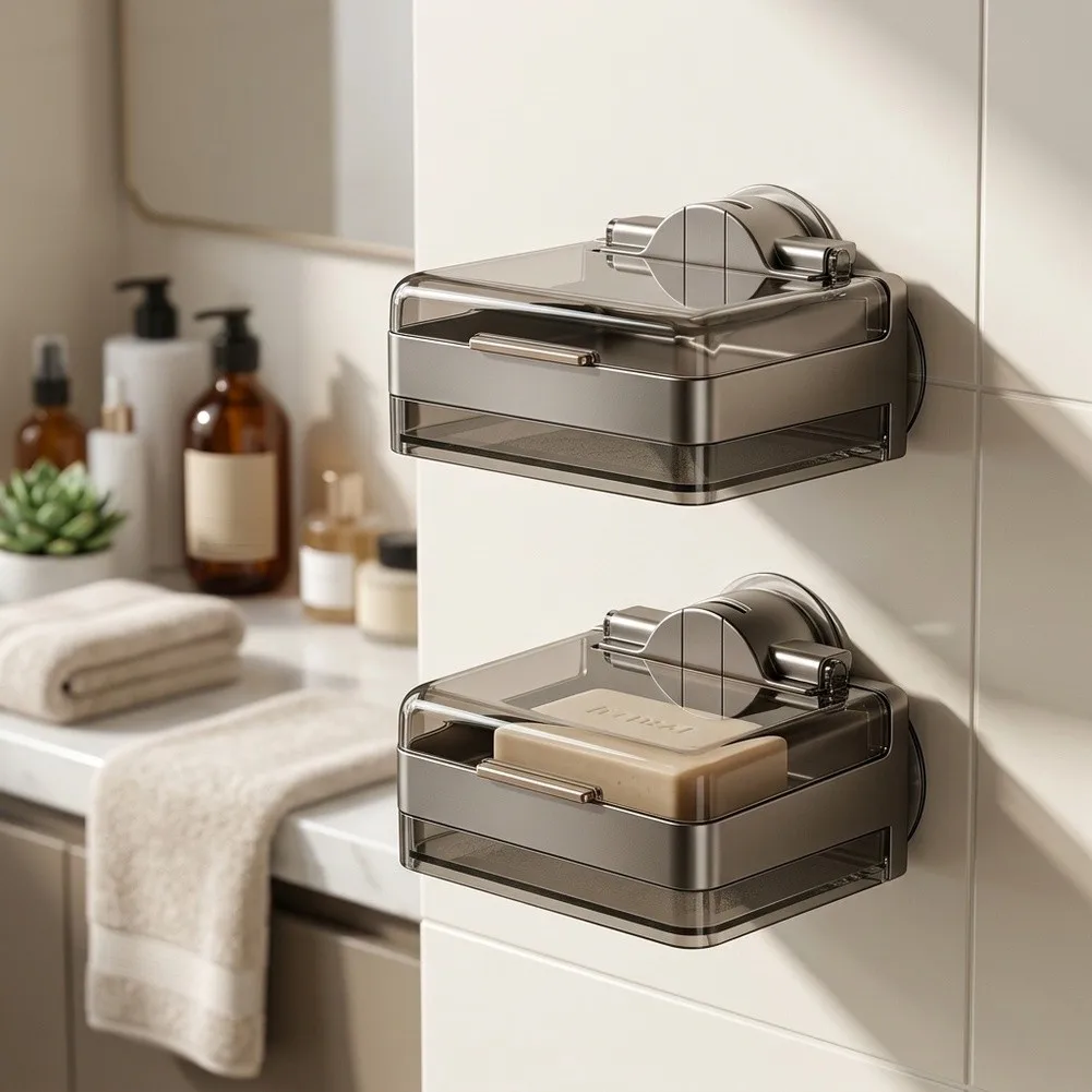 Two Pack ABS Soap Dish with Wall Suction Mounting Bathroom Soap Holder with Drainage Design and Sponge Wiper Support