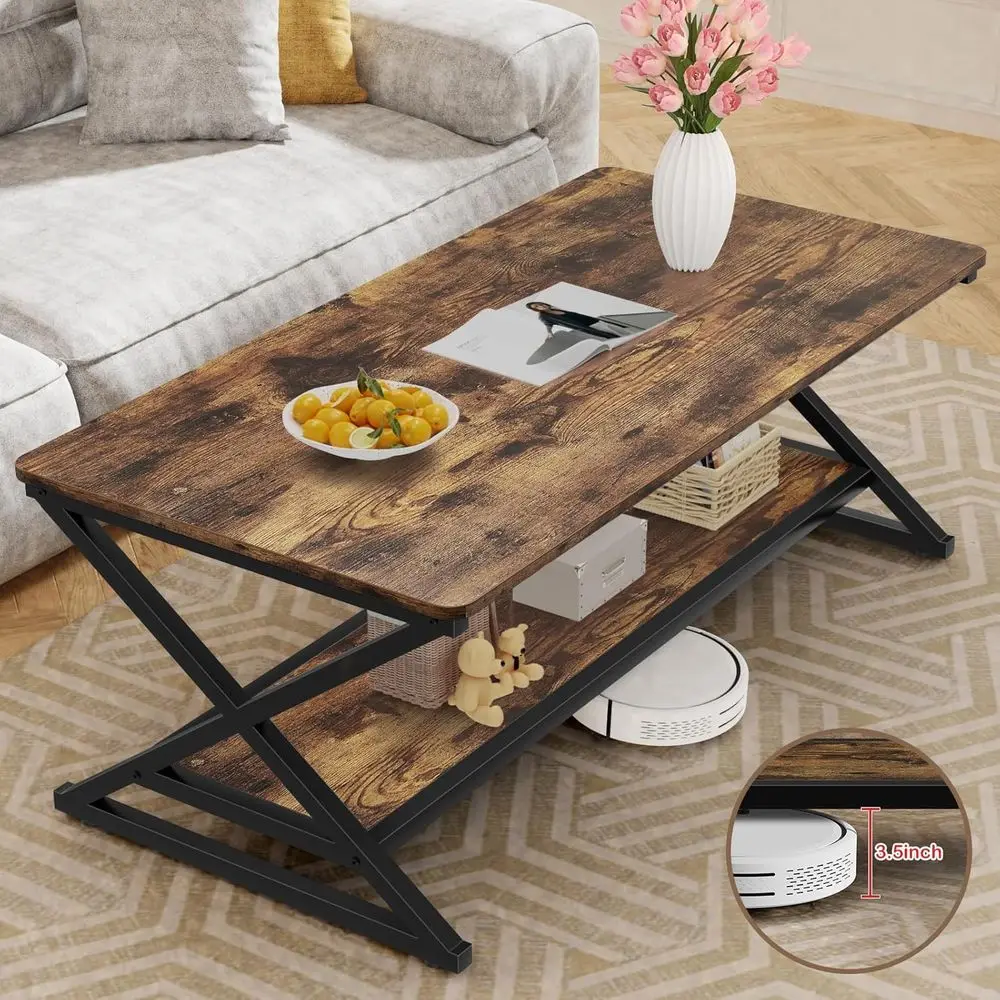 Rechteckiger Couchtisch im Bauernhausstil, 47 braunes Holz mit Metall, 2-stufiger Stauraum, fasst 350 Pfund, einfache Montage