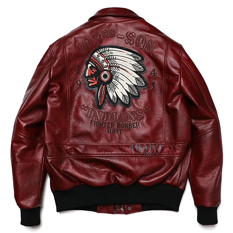 2024 New Indian Embroidery A2 Flying Pilot Suit Genuine Leather Jacket Men\'s Cowhide Aviator Jackets 100% Red Clothing