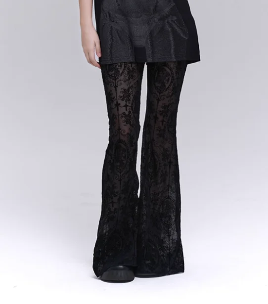 Gothic Subculture Black Sexy Sweet Lace Micro Flared Pants Fashion Versatile High Waist Personality Girls Street Punk Pants