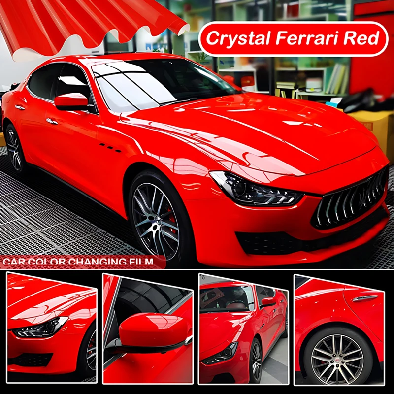 PET Crystal Ferrari Red Color Change Film Vinyl Wrap Motorcycle Gloss Sticker Auto Accessories For Maserati ghibli/mc20/levante