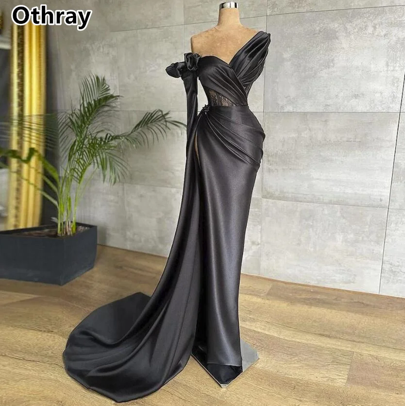 Othray Black Satin Evening Dresses Charming Single Long Sleeves Pleats Mermaid Women Formal Prom Gowns  vestidos de fiesta