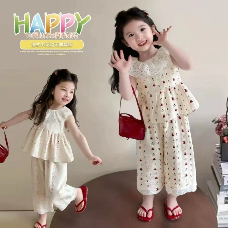 

New Girls' Summer Sleeveless Set With Lace Edge Pants Sweet Top Princess Style Vest Skirt Doll Collar